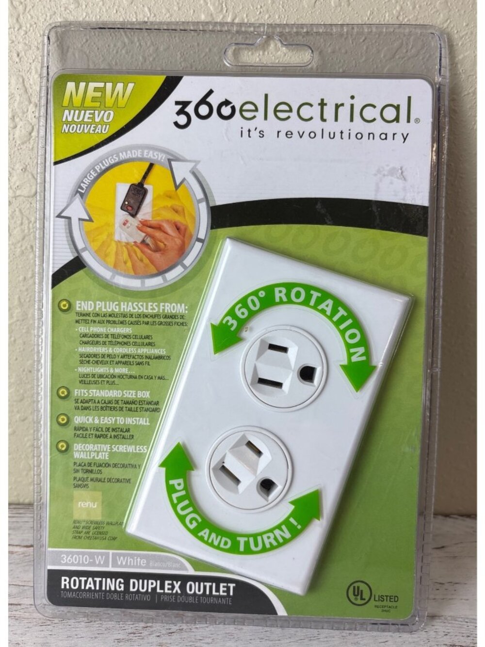 360 Electrical Rotating Duplex Outlet 36010W 15A-125V White Screwless Wallplate